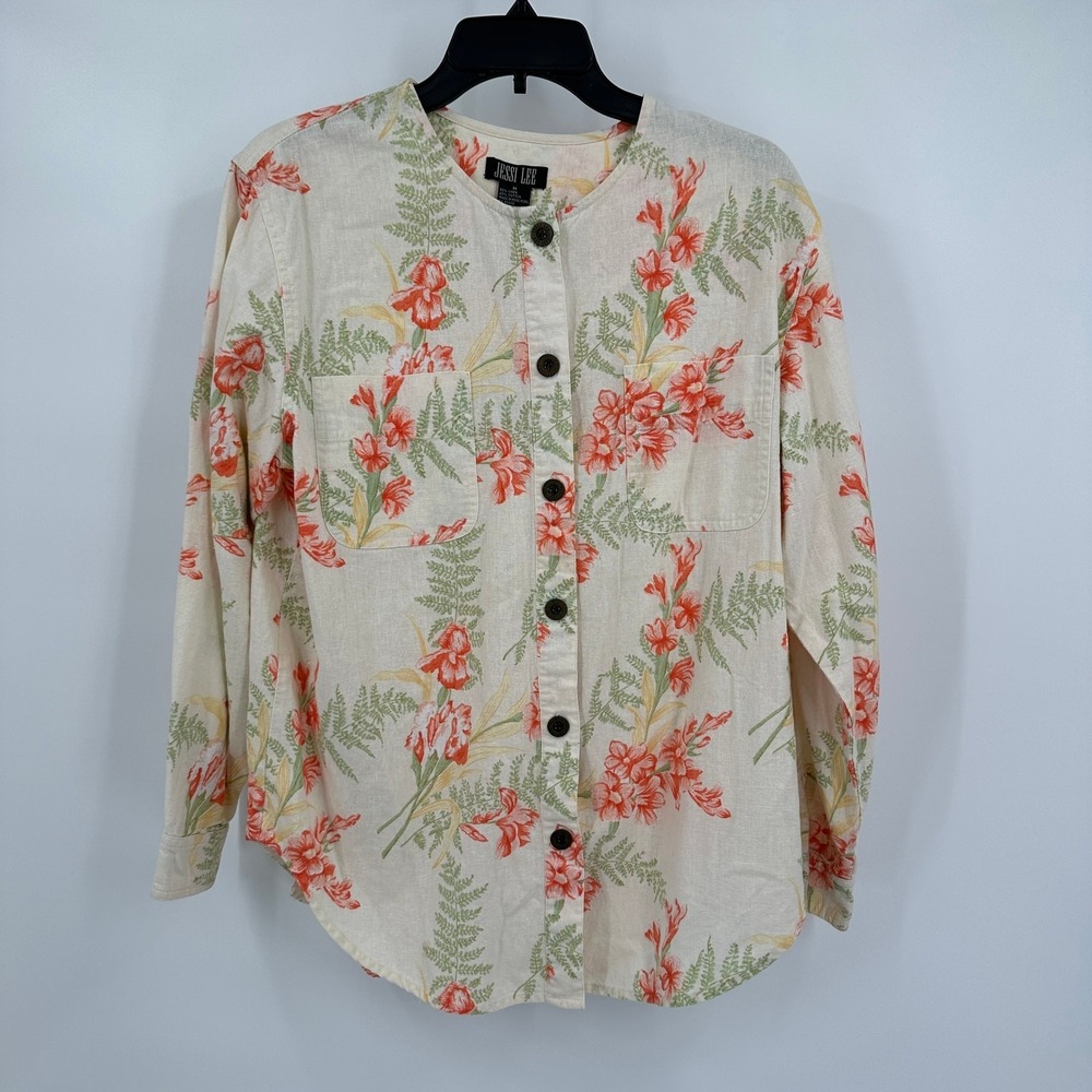 Womens Floral Cottagecore‎ Top Size M Linen Blend Brunch Garden Party Botanical